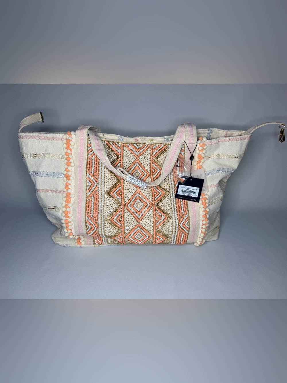 Embroidered Peach & Cream Boho Tote Bag